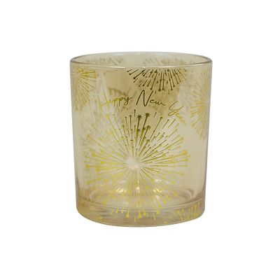 Theelichthouder Glas 'Happy New Year' Goud Transparant Fireworks H 8cm Ø 7cm