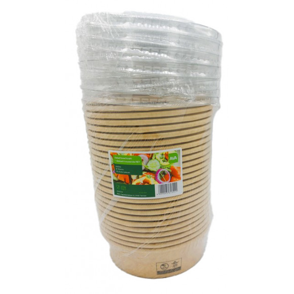 Salad Bowl Kraft + Deksel Pet H 4,8cm Ø 15cm 500ml 25 Stuks -