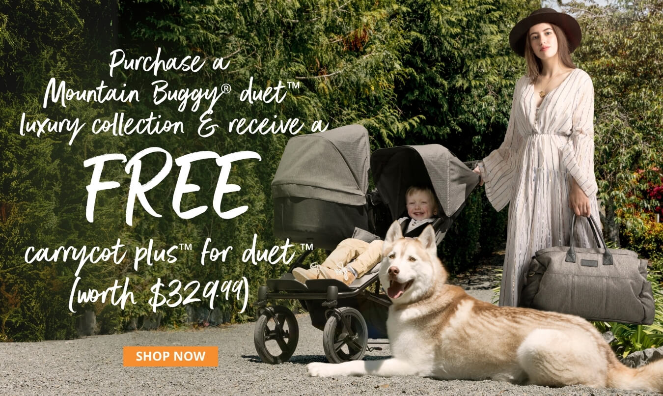 Get a FREE Mountain Buggy carrycot plus in Herringbone when you purchase the Mountain Buggy duet luxury collection buggy in Herringbone