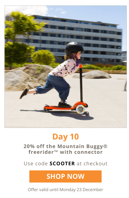 Save 20% on the Mountain Buggy freerider with connector. Use code SCOOTER at checkout. Offer valid until Monday 23 December