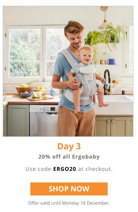 Save 20% on all Ergobaby. Use code ERGO20 at checkout. Offer valid until Monday 16 December