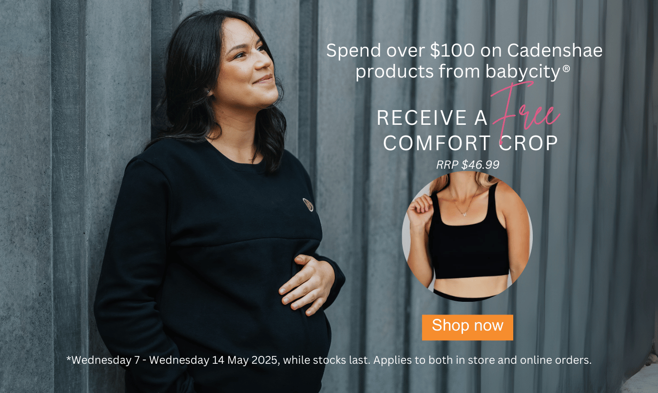 Pregnant mother wearing Cadenshae Jumper. Intro offer Purchase over $100 Cadenshae products from babycity and recieve a FREE Comfort crop with $46.99