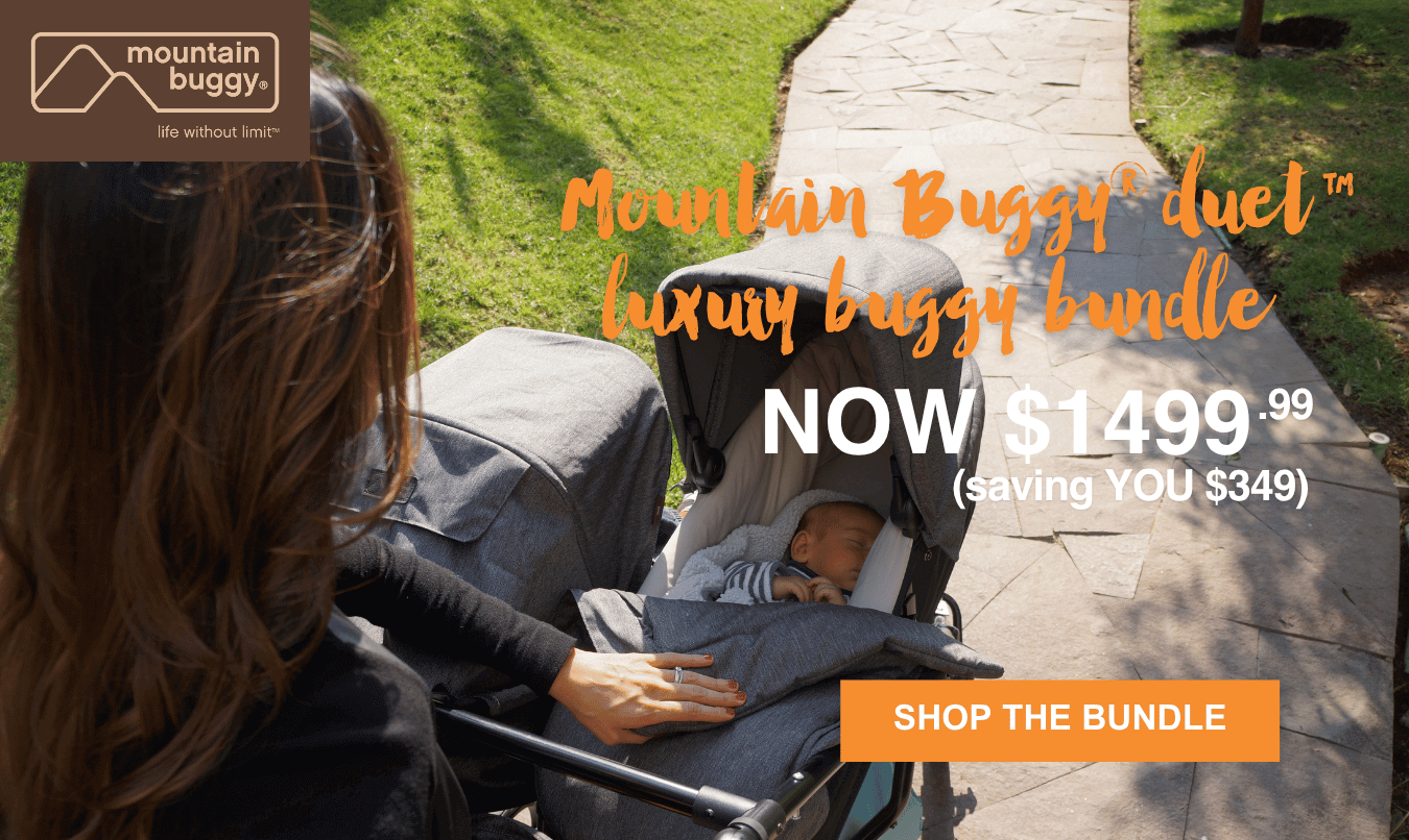Mother pushing Mountain Buggy duet. Bundle