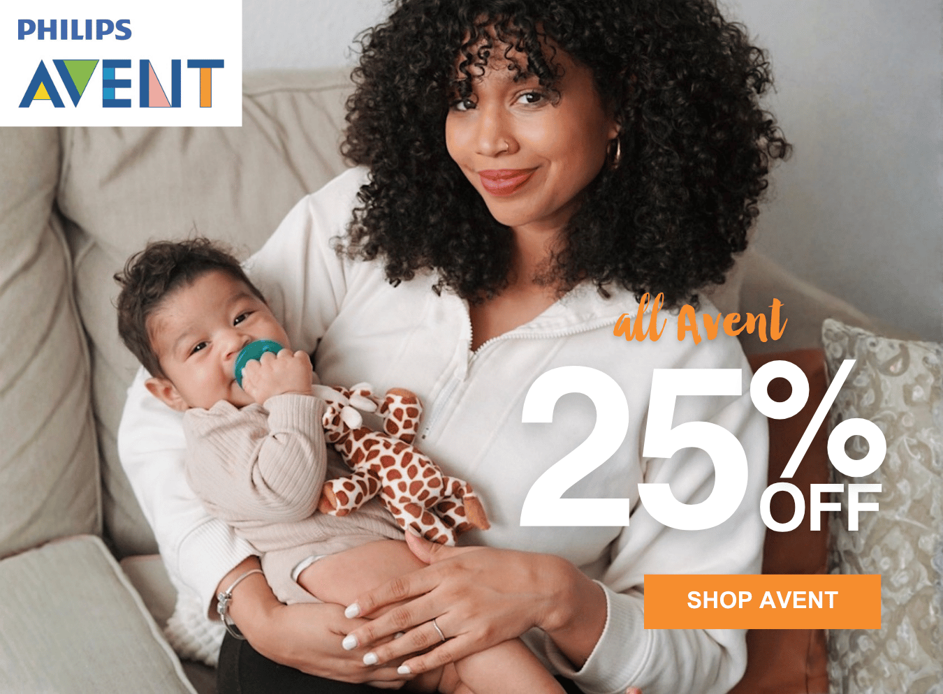 Avent mother and Baby smiling at camera, with a soother in his mouth