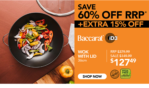 Baccarat iD3 Hard Anodised Non Stick Wok with Lid 36cm