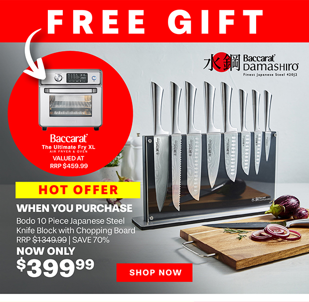 Baccarat Damashiro Bodo 10 Piece Japanese Steel Knife Block with Chopping Board