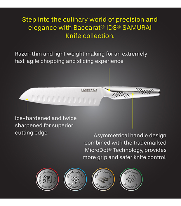 Step into the culinary world of precision and elegance with Baccarat® iD3® SAMURAI Knife collection.