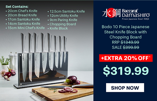 Baccarat Damashiro Bodo 10 Piece Japanese Steel Knife Block with Chopping Board