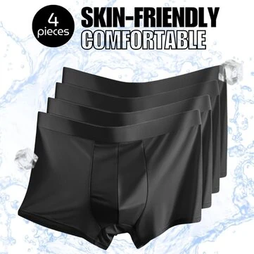 4pcs Men's Ice Silk Mesh Boxer Black Briefs, Summer Thin Style Breathable Comfy Boxer Trunks, Elastic Sports Shorts, Men's Casual Underwear Daily Bottom Wear