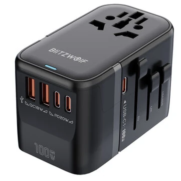 Blitzwolf BW-TA2 5-in-1 Universal Travel Adapter with GaN 100W Fast Charging 2 USB-C 2 USB-A All-in-one Wall Charger for USA EU UK AUS AC Outlet Converter Socket