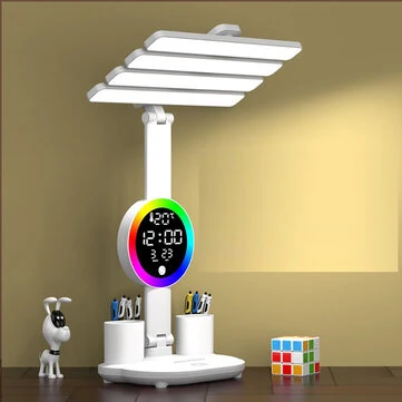 4-Head Table Lamp With RGB Ambient Light & Clock Time Date Display Pen Holder Desk Lamp Reading Light