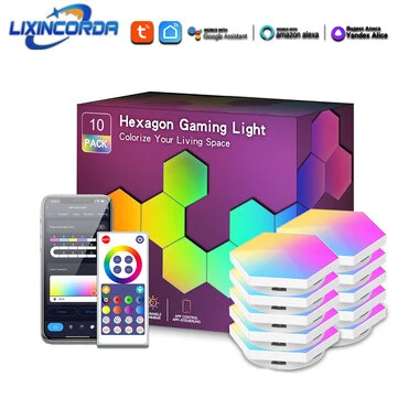 LIXINCORDA Smart RGBIC Hexagonal LED Light Panels Music Sync APP/Remote/Voice Control With Alexa Google