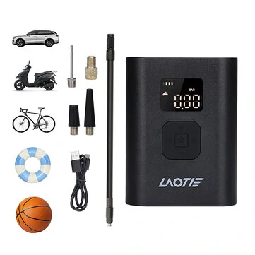 LAOTIE Q7 Mini Electric Bike Air Pump 150PSI 4000mAh Type-C Rechargeable LED Digital Gauge High Pressure Display Portable Cycle Car Motorbike Football Inflator With Hose Tube Adapter