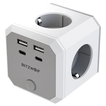 BlitzWolf BW-EC2 8-in-1 Wall Cube Socket EU Plug Power Outlet Extender 4000W with Switch 4 AC Outlets / 2 USB-A / 2 USB-C for Home Bedroom Travel