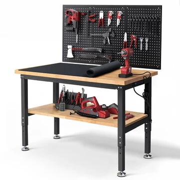 ENJOYWOOD WB0101-Plus 48 Inch Workbench with Pegboard & Rubber Pad / Adjustable Height / 2000 LBS Load Capacity / Power Outlet for Woodworking Garage Workshop Office Shop