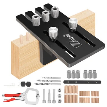 Wnew Doweling Jig Kits Aluminum Alloy Hole Drill Guide Punch Locator Dowel Cabinet Hardware Jig for DIY Woodworking Projects 0.25mm Precision Tenon Connection Includes Drill Bits