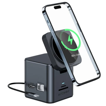 BlitzWolf BW-TH17 9 in 1 Type-C Docking Station Magnetic 15W Wireless Charger Stand USB-C HUB with USB3.0*3 HD 4K@30Hz Gigabit RJ45 SD/TF Card Slot PD 100W