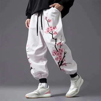 ChArmkpR Mens Japanese Cherry Blossoms Print Loose Drawstring Waist Pants