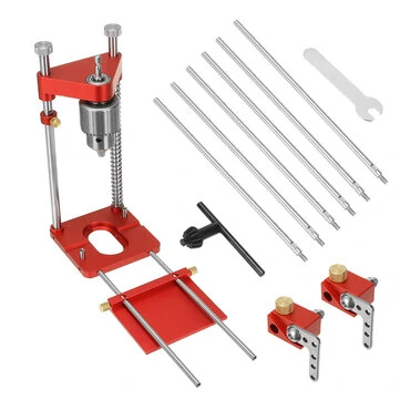 ENJOYWOOD Upgraded All Aluminum Alloy Adjustable Woodworking Drill Locator Guide With 8pcs Extension Rods Flip Stops and Wrench For Positioning Tools Hole Drill