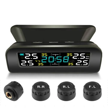 Solar Tire Pressure Monitor Clock LCD Display Car TPMS Wireless Tire Pressure Monitoring with 4 External Sensors