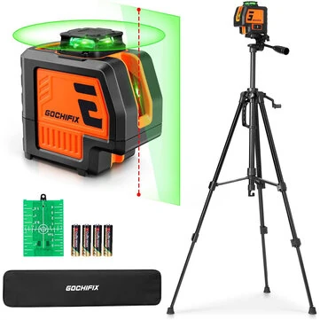 GOCHIFIX 5 Lines Laser Level with Tripod 2 Plumb Dots Self Leveling Green Line Laser Level Tool for Construction Floor Tile Included Target Plate Battery Carry Bag