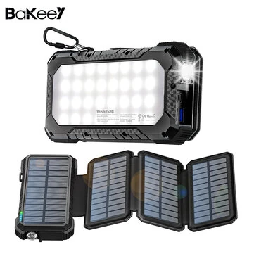 [EU]Bakeey 18W 26800mAh Solar Power Bank with 4 Foldable Solar Panels and Camping Light Waterproof External Battery Power Supply with 2 Input & 3 Outputs Support PD QC3.0 Fast Charging for iPhone 16 16 Pro 15 14 Pro Max for Huawei Mate XT for Xiaomi 15pro