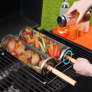 BBQ Grill Basket Round BBQ Cage Outdoor BBQ Smoking Cage Portable BBQ Net Rotating Drum Stainless Steel Grill Cage Round BBQ Basket with Handle Fish Roaster Outdoor Grill