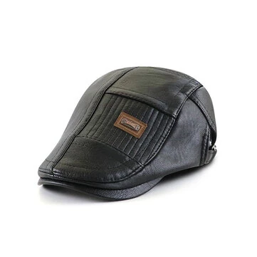 Collrown Beret Mens Adjustable PU Leather Flat Cap Stitch Newsboy Cap Driving Fishing Cabbie Hat Peaked Cap for Autumn Winter