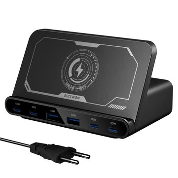 BlitzWolf® BW-S27 160W 6-Port USB PD Desktop Fast Charger 2USB-A+4USB-C PD3.0 QC4.0 AFC FCP SCP PPS PE with 15W 10W 7.5W 5W Wireless Charger Desktop Charging Station EU Plug for iPhone 15 14 13 for MacBook Pro for Airpods for Apple Watch