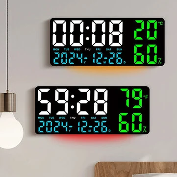 15 Inch Digital Wall Clock with Atmosphere Lights Remote Control Temp Humidity Display LED Table Clock Multifunctional Alarm Clock