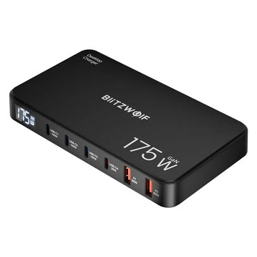 [GaN Tech] Blitzwolf® BW-S30 175W 6-Port USB PD Charger 4USB-C+2USB-A QC PD Digital Display Fast Charging Desktop Charging Station for iPhone 16 16 Pro 15 14 13 Pro Max for MacBook Pro for Airpods for Apple Watch