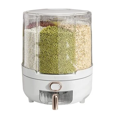 Household Rice Dispenser 360 Degree Rotating Transparent Dry Food Dispenser Sealed Food Holder with 6 Compartments Removable Lid Storage Container for Kitchen Cereals