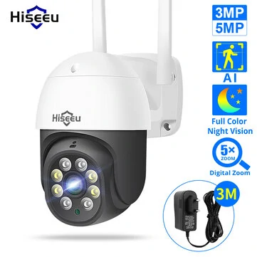 Hiseeu 3MP/5MP PTZ IP Camera Outdoor Security AI Human Detection H.265X Wireless WiFi Video Surveillance Cameras iCsee P2P