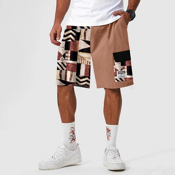 ChArmkpR Mens Geometric Pattern Patchwork Flap Pocket Loose Cargo Shorts