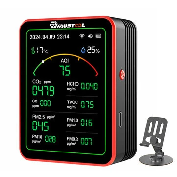 Upgrade MUSTOOL 15-in-1 Air Quality Monitor Wifi Tuya App 15-in-1 Smart Tester With stand CO2 CO TVOC HCHO PM2.5 PM1.0 PM10 AQI Battery Powered Real-Time Display for Home Office