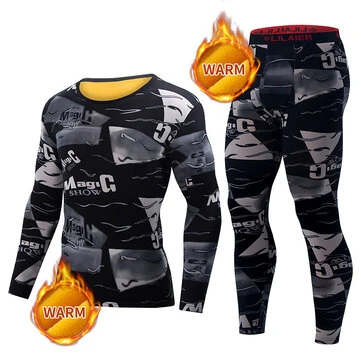 TENGOO Men's Thermal Set, Long Johns Set, 2 Pcs Letter Print Compression Thermal Base Layer Set, Moisture Wicking & Breathable Basic Long Sleeve & Leggings Men Warm Underwear Set, Men's thermal clothing For Outdoor Skiing Running