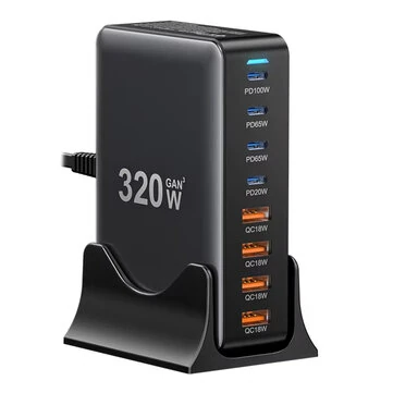 [GaN Tech] ESSAGER YMX-320W 320W 8-Port USB PD Charger 4USB-A+4USB-C PD3.0 QC4.0 SCP FCP AFC PPS Fast Charging Desktop Charging Station EU Plug US Plug for iPhone 16 16 Pro 15 14 13 for Huawei Pura X for Xiaomi 15 Ultra for Samsung Galaxy S25 Ultra