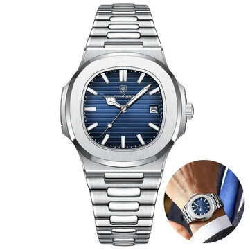 POEDAGAR Classic Business Men Watch Waterproof Luminous Date Quartz Watch Fashion Steel Strap Square Thin Wristwatch for Male