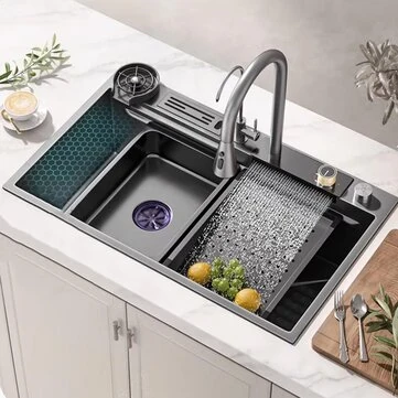 Professional Kitchen Sink Nano Waterfall Sink Pull-Out Tap Stainless Steel Sink with Mounting Holes Single Bowl Draining Board