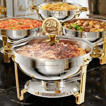 WARMOUNTS Gold Chafing Dish Buffet Set 2/4/6 Pack, 5QT Round Stainless Steel Chafers and Buffet Warmers Sets with Glass Lid & Lid Holder for Parties Catering Events, Polished & No Finger Cuts