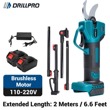 Drillpro Cordless Electric Pruning Shears Brushless Motor 30mm Cutting Diameter Aluminum Extension Pole 2m Makita 18V Battery Powered Gardening Tool