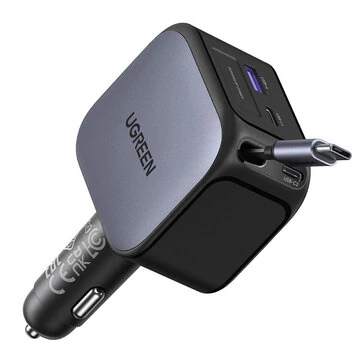 Ugreen 145W 4-Port USB PD Car Charger Adapter with Integrated USB-C Cable 2USB-C+USB-A QC3.0 PD 3.0 QC 3.0 PPS SCP Fast Charging for iPhone 16 16 Pro 15 14 13 Pro Max for Huawei Pura 80 Ultra for Samsung Galaxy Z Fold7 for XIAOMI