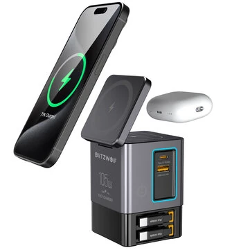 [GaN Tech]Blitzwolf BW-i116 Max 105W 6-in-1 Power Combo Desktop Charger Station with Built-in Dual Telescopic Type-C Cable + USB-A+USB-C + 2-in-1 Wireless Charger for Smart Phones for iPhone 16 16 Pro 15 14