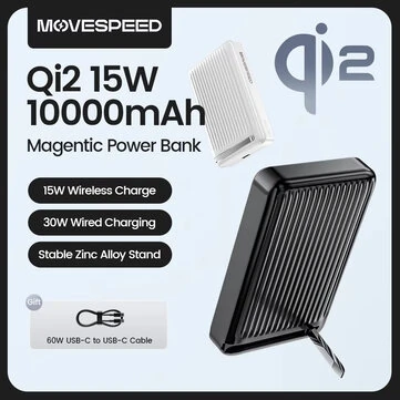 MOVESPEED MSP03 QI2 3-in-1 15W Magnetic Wireless Power Bank 30W 10000mAh External Battery Power Supply with 1 Input & 2 Outputs Fast Charging for iPhone 16 16 Pro 15 14 13 Pro Max for Huawei Pura X for Xiaomi 15pro with Foldable Stand