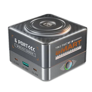 [GaN Tech] WLX-R8C 7-in-1 USB Desktop Charger Station 65W 6-port USB PD Charger with 15W Wireless Charger Pad Fast Desktop Charging Station EU Plug for iPhone 17 17 Pro 16 15 14 Pro Max for Huawei Mate XTs for Oppo for Xiaomi for Apple Watch