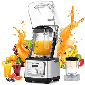 BlitzHome® BH-606C 1600W Quiet Blender with Shield 8 Programs Countertop Smoothie Maker 6-Leaf Blade High-Speed Ice Crushing With 2L Jar & 800ml Grinder Cup