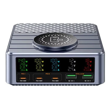 [GaN Tech] WLX-F2 260W 5-Port USB PD Charger with 15W Wireless Charger Pad 2USB-A+3USB-C Fast Charging Desktop Charging Station EU Plug for iPhone 16 16 Pro 15 14 13 Pro Max