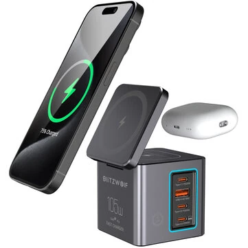 [GaN Tech] Blitzwolf BW-i113 105W 6-in-1 Desktop Charging Station with Wireless Charger PD QC Fast Charging with LED Light EU Plug for iPhone 16 16 Pro 15 14 13 Pro Max for iPad Pro for Macbook Pro for Airpods