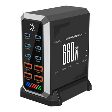 [GaN Tech] 660W 10-Port USB PD Charger 6USB-C+4USB-A QC 140W PD 3.1 Fast Charging Desktop Charging Station for iPhone 16 16 Pro 15 14 13 Pro Max for MacBook Pro for Airpods for Apple Watch for iPad