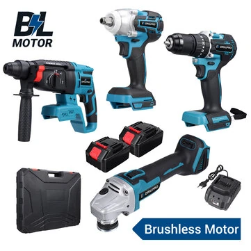 Drillpro 4pcs Power Tool Set Wrench Angle Grinder Hammer Drill Brushless Motor Come With 2 Batteries & 1 Charger